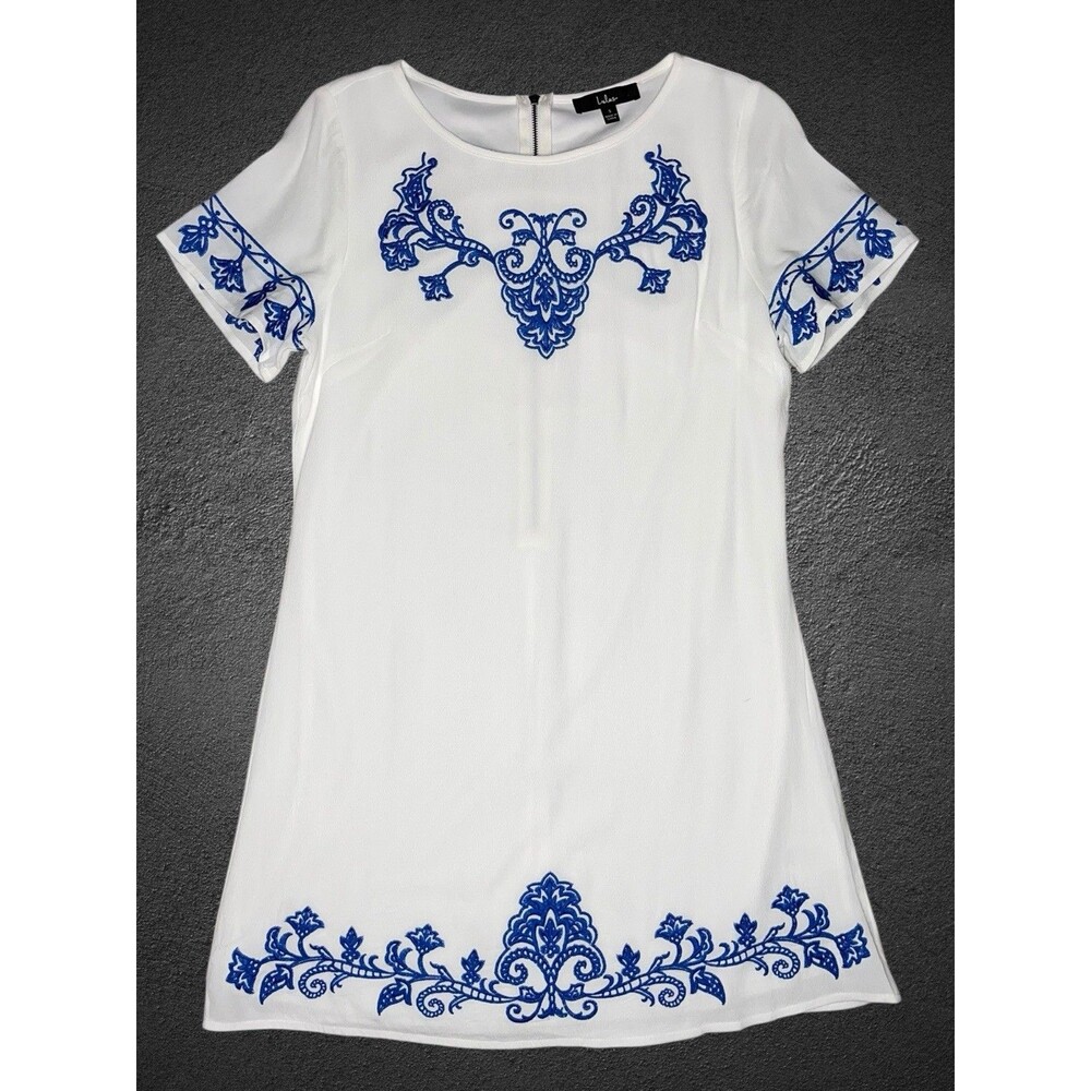 Lulus Tale To Tell Shift Dress Women SM White Blue Boho Embroidered Beachy Cute